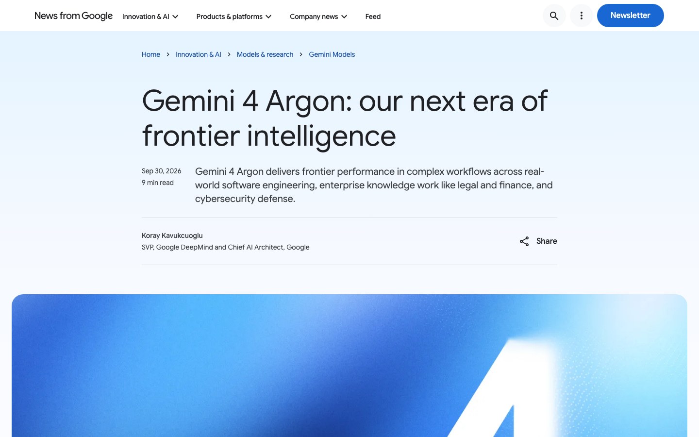 Google 9 月 30 日發表文首屏截圖：標題 Gemini 4 Argon: our next era of frontier intelligence，署名 Koray Kavukcuoglu