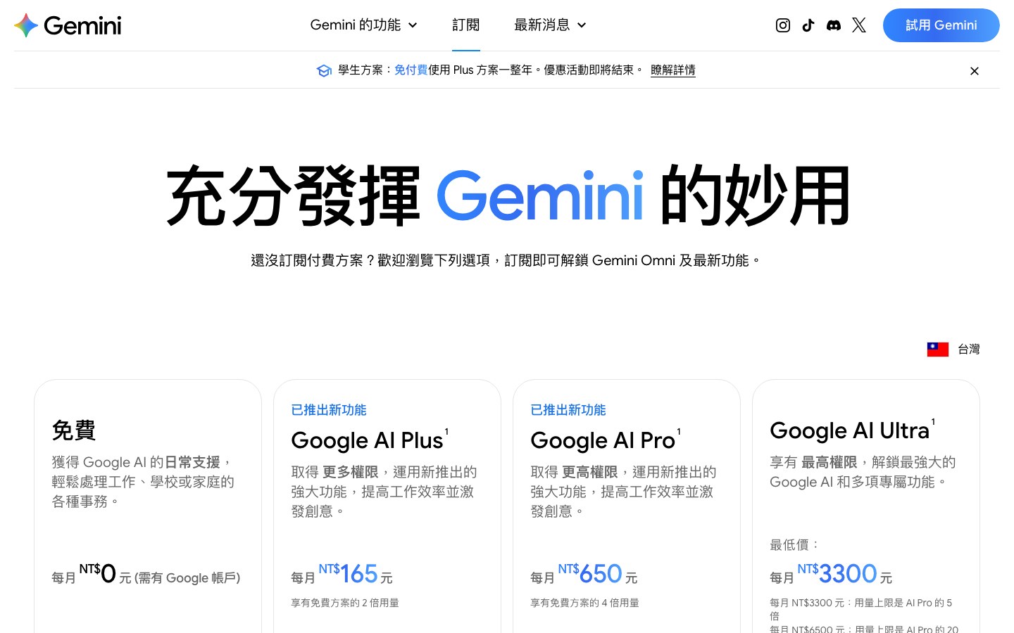 Google Gemini 台灣官方訂閱頁首屏截圖：並排顯示免費版、Google AI Plus（NT$165）、Google AI Pro（NT$650）與 Google AI Ultra（NT$3,300 起）四種方案