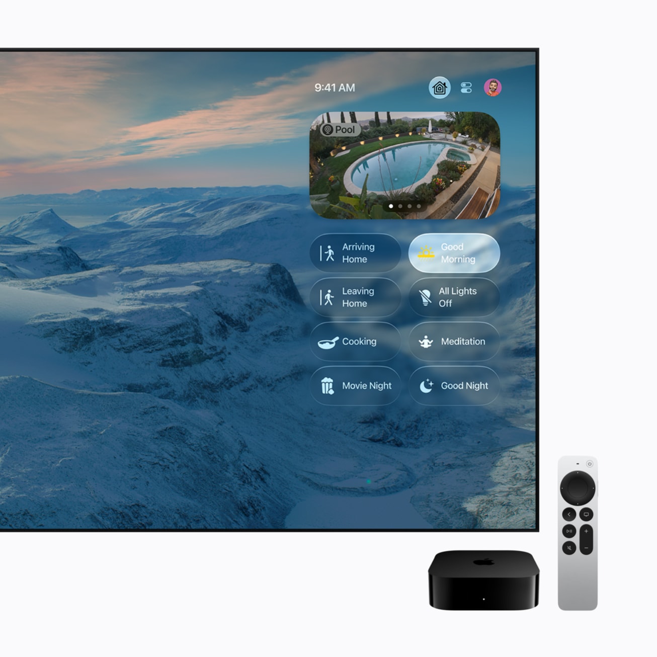 新款 Apple TV 4K 螢幕上的家庭控制中心，可一覽全屋智慧配件與攝影機畫面