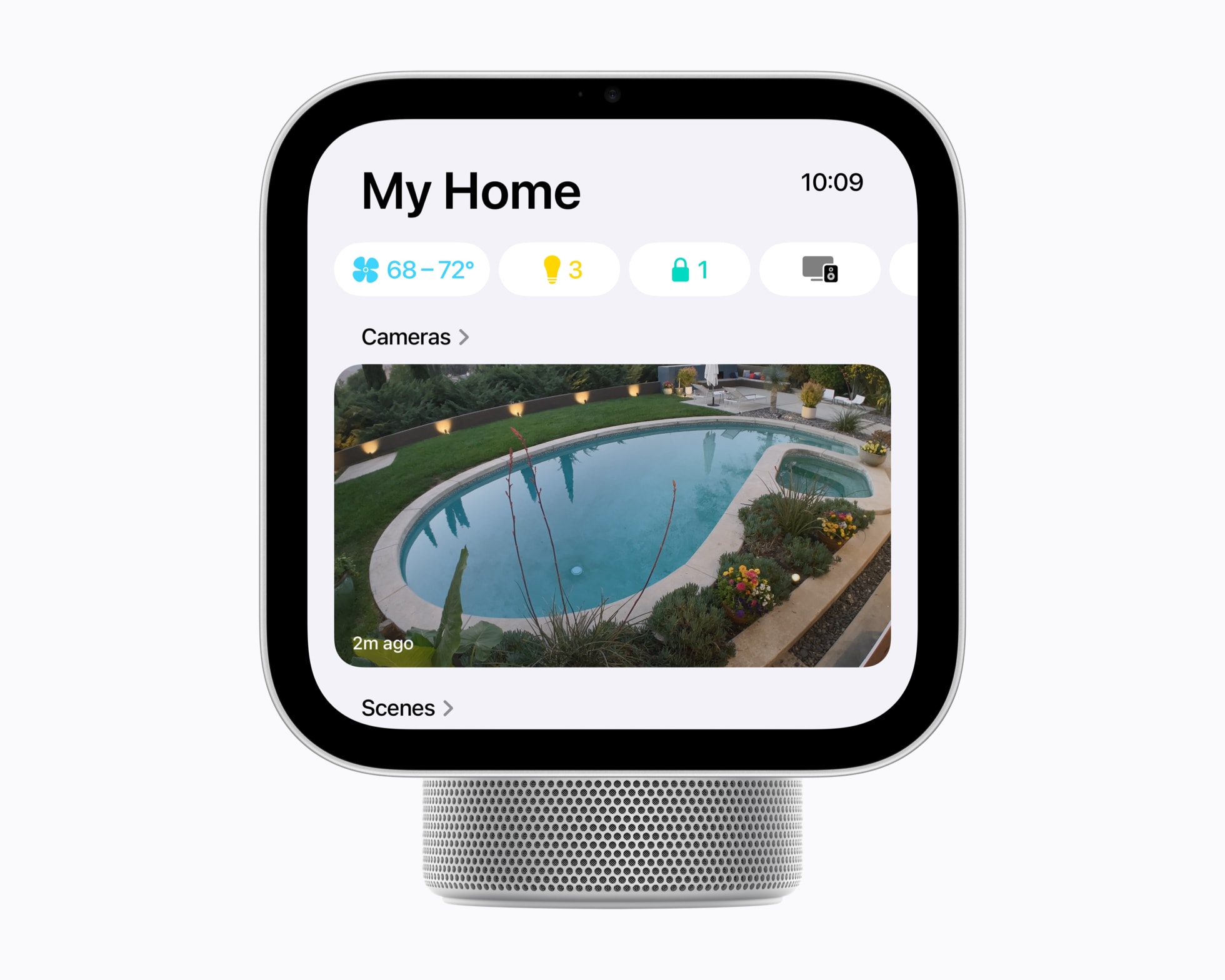 Apple HomeView 與 Apple Home Collection 攝影機、門鎖、智慧恆溫器連動控制的居家場景