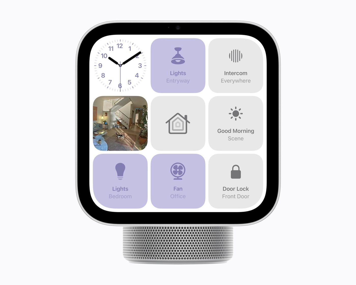 一隻手指從左側伸向 HomeView 螢幕，旁邊另有一台粉色 HomeView