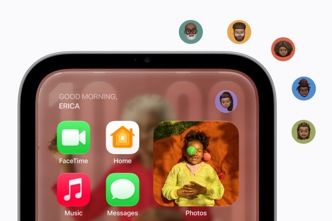 HomeView 螢幕上方出現多位家人頭像，下方是 FaceTime、家庭、音樂、訊息與照片 App