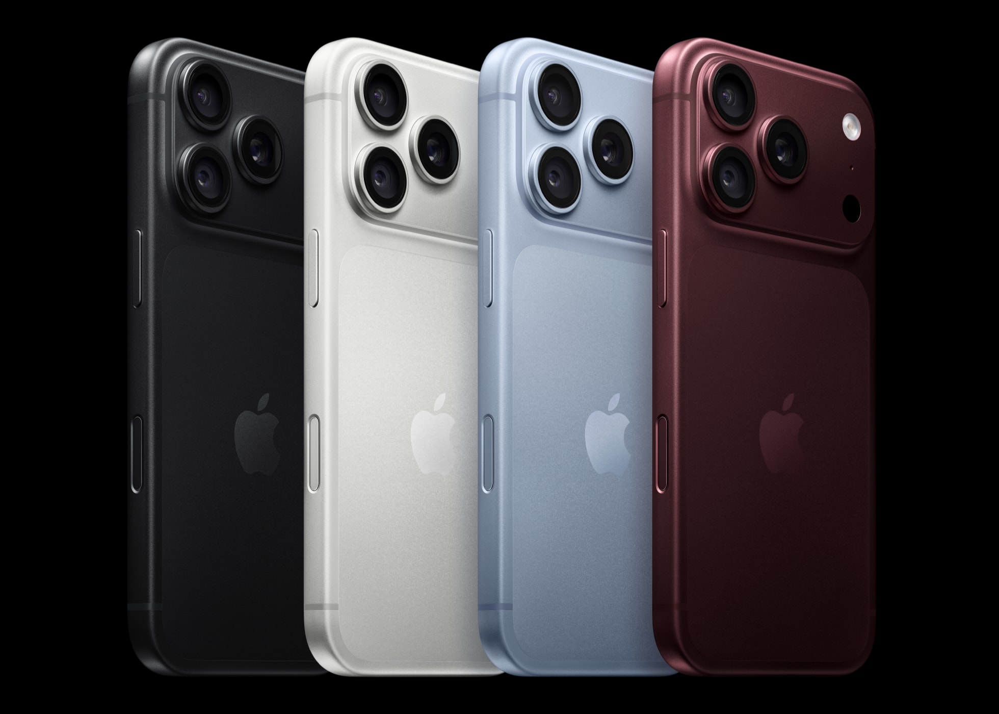 iPhone 18 Pro 四款機身顏色由左至右排列的官方照片