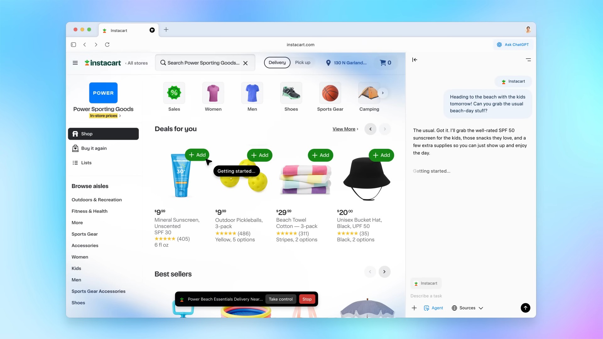 ChatGPT Atlas 瀏覽器視窗開著 Instacart 購物頁，右側 ChatGPT 側欄顯示使用者請它替孩子備齊海灘用品、代理正在開始執行，視窗下緣有「Take control」與「Stop」兩個按鈕