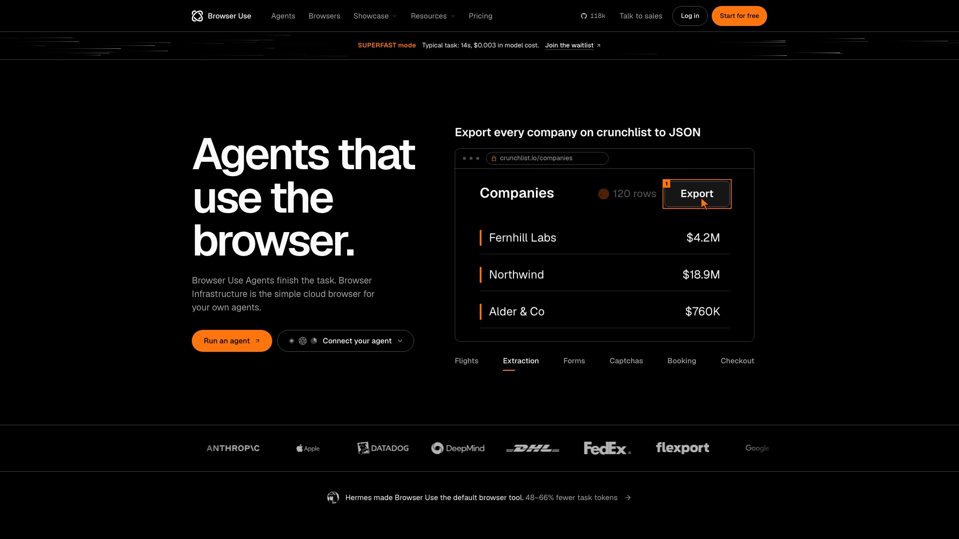 Browser Use 官網首頁：黑底大標「Agents that use the browser.」，右側的示範視窗是把一份公司名單匯出成 JSON 的操作畫面，下方一排是各家客戶標誌