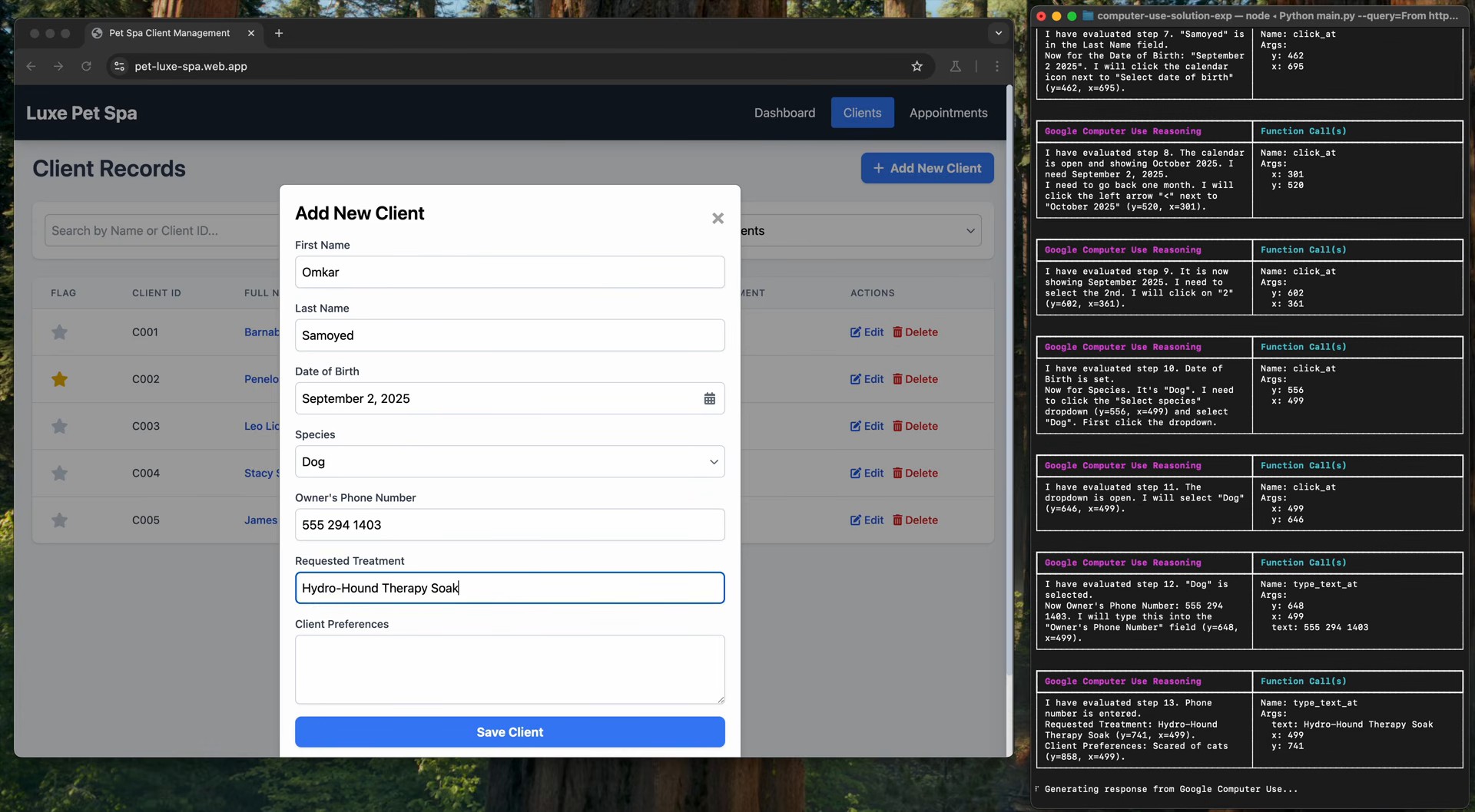 Gemini 2.5 Computer Use 示範影片：左側是寵物美容店客戶管理網頁的「Add New Client」表單，欄位已逐項填入，右側黑底視窗是模型逐步寫下的推理與動作紀錄