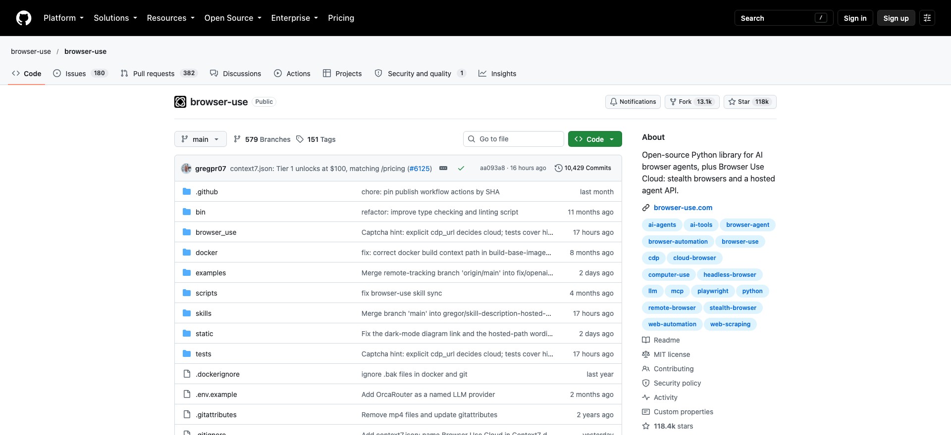 Browser Use 在 GitHub 上的程式庫頁面：右側簡介寫著「Open-source Python library for AI browser agents, plus Browser Use Cloud: stealth browsers and a hosted agent API」，左側是檔案清單