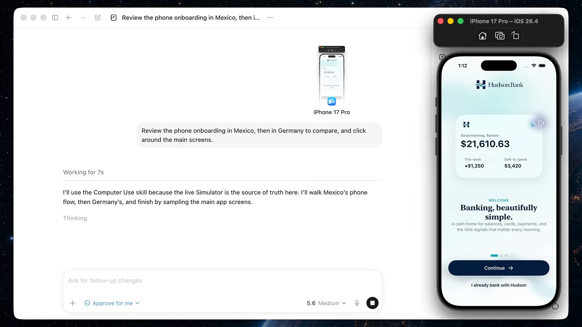ChatGPT Work 示範畫面：左側對話欄寫著「I'll use the Computer Use skill because the live Simulator is the source of truth here」，右側是 iPhone 17 Pro 模擬器裡一個銀行 App 的歡迎畫面