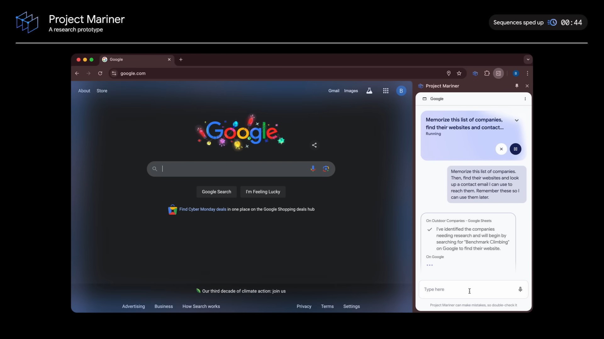 Project Mariner 示範影片畫面：Chrome 右側的 Project Mariner 側欄接到「記住這份公司名單，找出各家網站與聯絡信箱」的任務，左側是 Google 首頁，片頭標示「A research prototype」