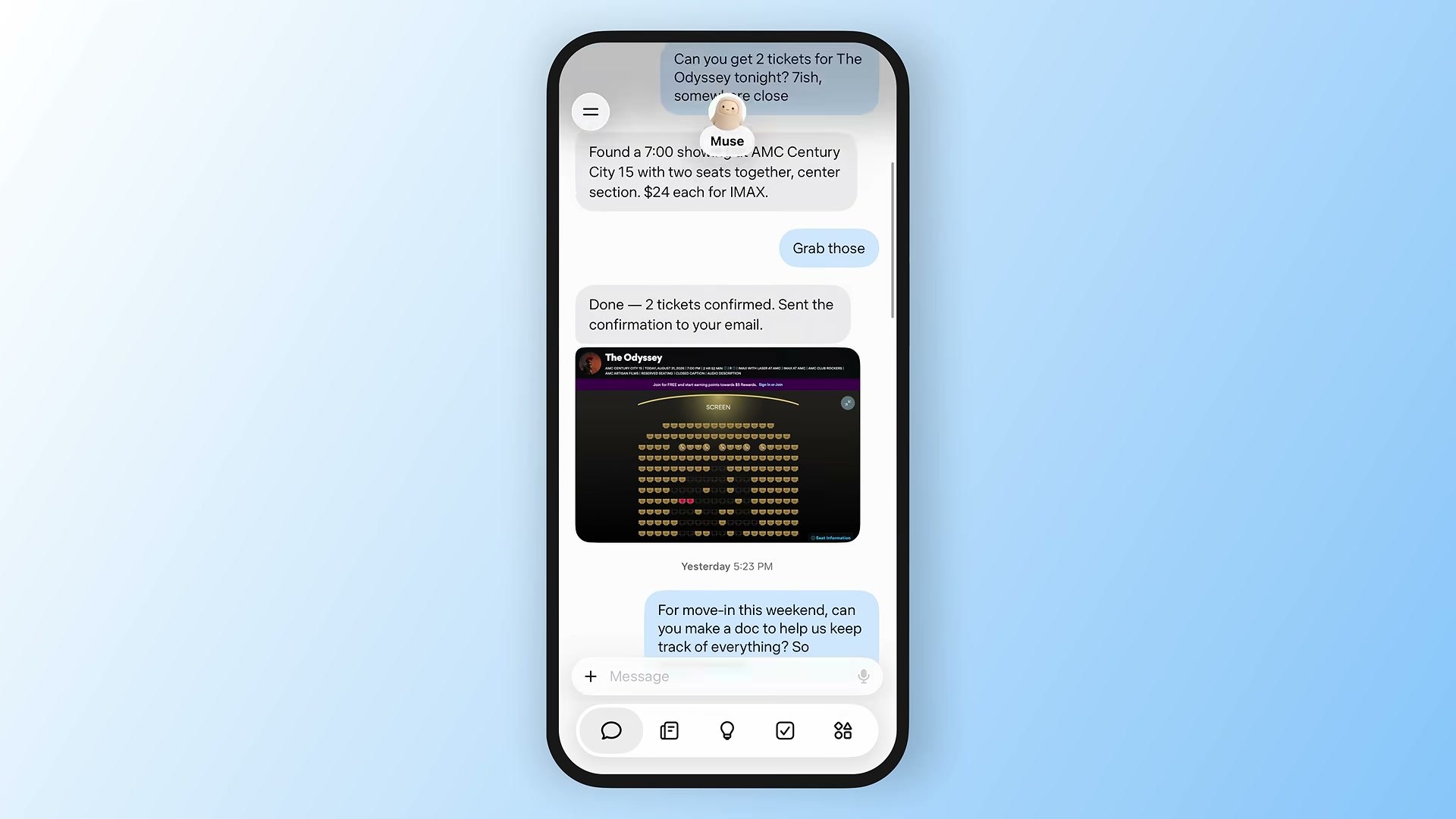 Muse App 對話畫面：使用者請它找今晚的《奧德賽》電影票，Muse 回報訂好兩張並寄出確認信