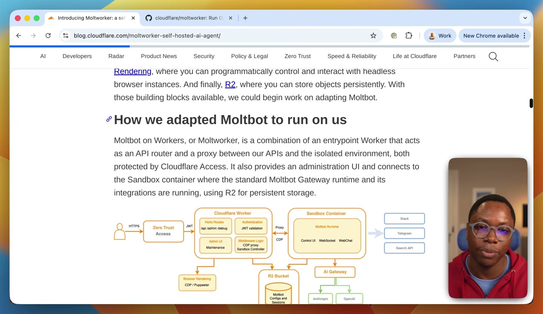 Cloudflare 開發者頻道影片畫面：官方部落格介紹 Moltworker 的架構圖，右下角是講解者